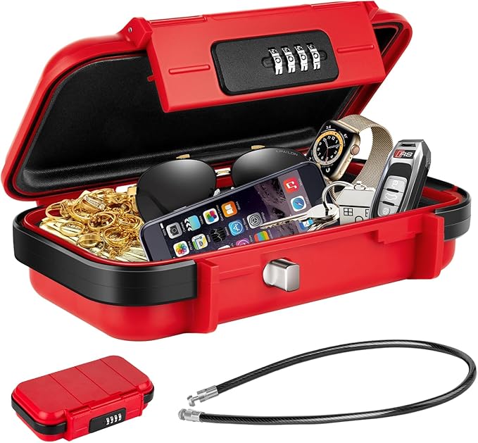 HUANLANG Portable Safe Lock Box with Combination Lock Mini Beach Travel Safe Waterproof Small Lockable Box with Removable Wire Rope Combination Safe Box for Dorm,Travel,Beach,Hotel,Car,Home,Office by HUANLANG