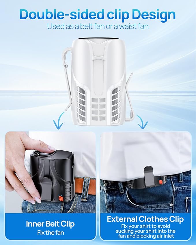 Portable Personal Waist Fan& Neck Fan, 14000RPM Brushless Motor, 40H Runtime Rechargeable, 6-Speed Quiet Operation, Clip-On Personal Body Cooling for Camping/Worksites/Outdoor - Image 6