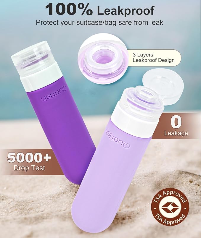 Quatish Travel Bottles for Toiletries 6 Pack, Original Patented Leakproof 3 oz Tsa Approved Travel Size Containers, BPA Free Silicone Shampoo and Conditioner Bottles, Cruise Camping Essentials, Purple - Image 2