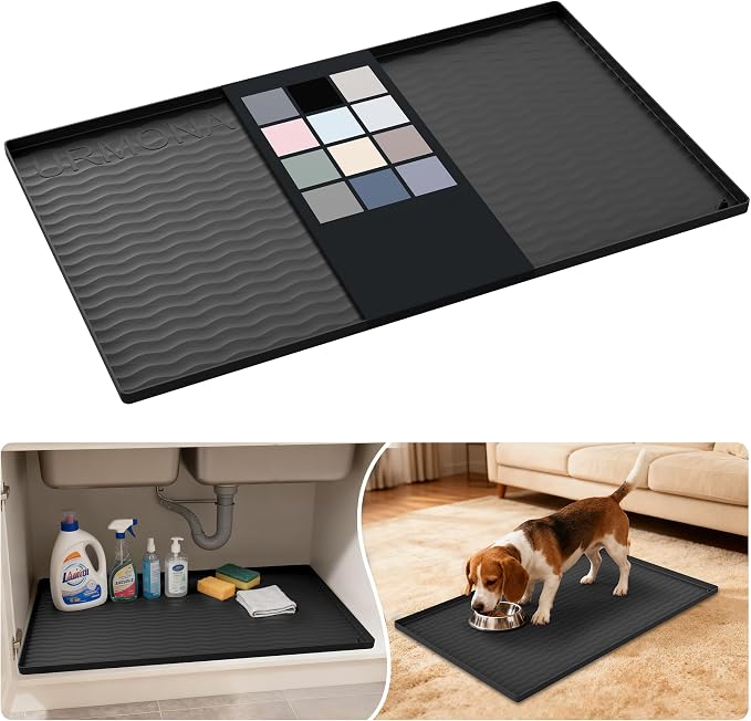 URMONA Waterproof Silicone Under Sink Mat 31'' x 19'' Shelf Liner for Kitchen and Bathroom, Cabinet and Counter Protector, Storage and Organizers, Litter Mat, Pet Cat Puppy Essentials(Black) by URMONA