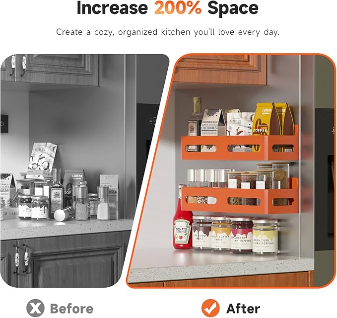 4-Pack Magnetic Spice Rack for Refrigerator with Hooks, Orange | Strong multipurpose magnetic shelf for kitchen & bathroom organization. Includes 4 removable hooks for hanging items. - Image 3