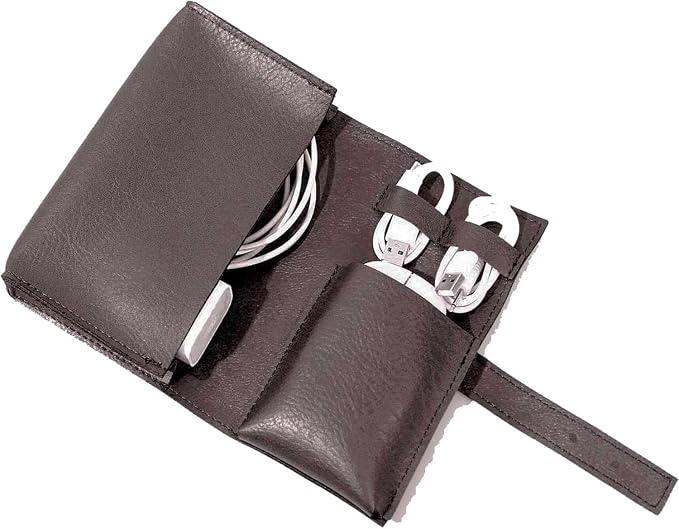 Vintage leather Electronic organizer travel case,cord keeper travel pounch, charger shortage for essentials mouse, adapter, cables,Cable Straps,Earbud case,wrap (Dark Brown) - Image 2