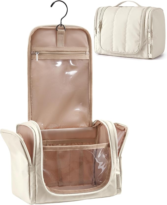 BAGSMART Travel Toiletry Bag for Women, Puffy Hanging Toiletry Bag with Hook, Water-resistant Toiletry Organizer for Full Sized Toiletries (Light Beige) by BAGSMART