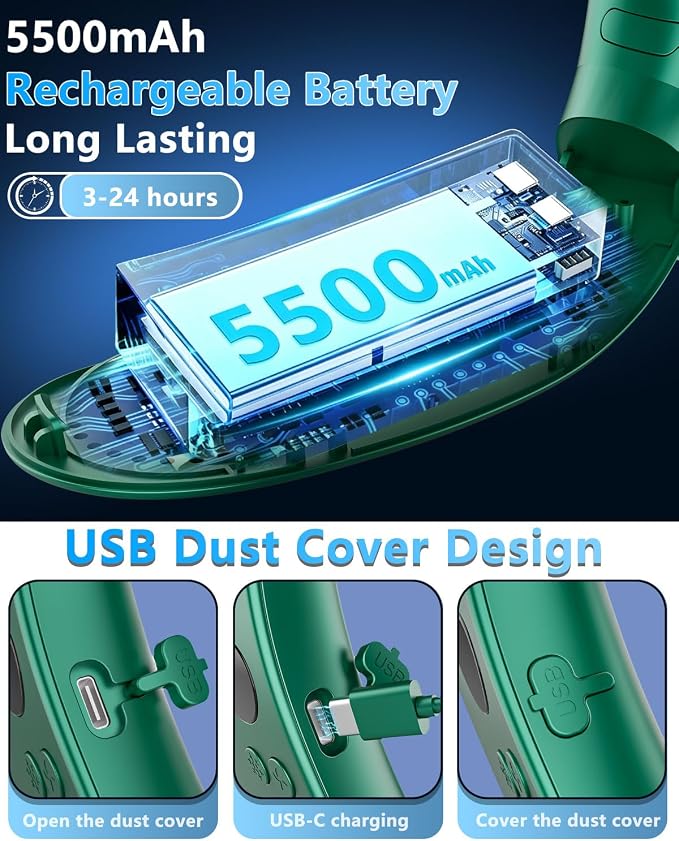 Neck Fan with Cooling Plate-24H Quiet Powerful Fans that Blow Cold Air-5 Speed&Power LED Display-USB 5500mAh Bladeless Wearable Personal AC Cooler for Women,Men,Kids,Travel,Outside,Indoor Green - Image 7