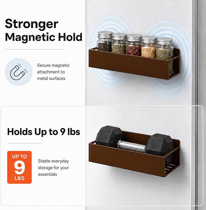 SMRCAD 6 Pack Metal Magnetic Spice Rack for fridge, Heavy Duty | Iron + Magnet | Holds 9 lbs per shelf | Full-back magnets | Screws included | Climate Pledge Friendly - Image 3