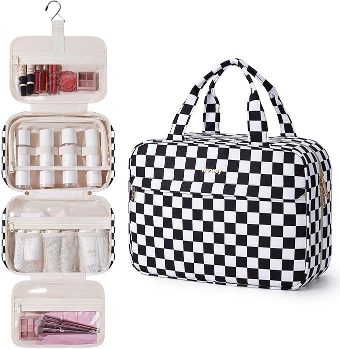Narwey Hanging Travel Toiletry Bag for Women Checkered Makeup Bag Organizer Cosmetic Make up Toiletries Bag for Travel Essentials Accessories (Black Checkerboard, Large) by Narwey