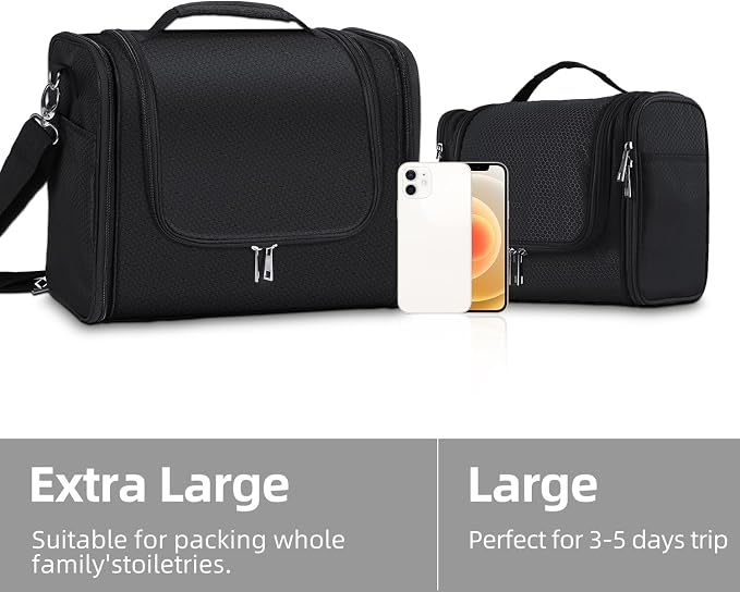 Buruis Extra Large Hanging Toiletry Bag for Women and Men, Black | Honeycomb Nylon, Detachable Shoulder Strap, Dual Zippers, Metal Hanging Hook, Full-Size Toiletry Storage, Travel Essentials - Image 6