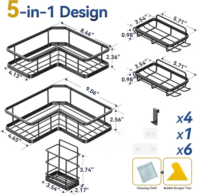 Corner Shower Caddy Adhesive, 100% Rustproof Shower Organizer with Soap and Troothbrush Holder, No Drill Shower Shelf for Inside Shower, Wall-Mounted Shower Storage for Homes (5 Pack, Black) - Image 2