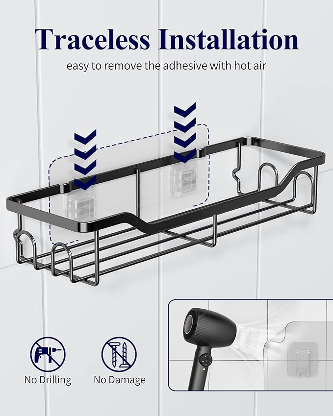 Kitsure Shower Caddy, Adhesive Shower Organizer, Large, Black | Stainless Steel Shelf for Inside Shower, No Drill Bathroom Organizers and Storage, Home Decor Accessories - Image 5