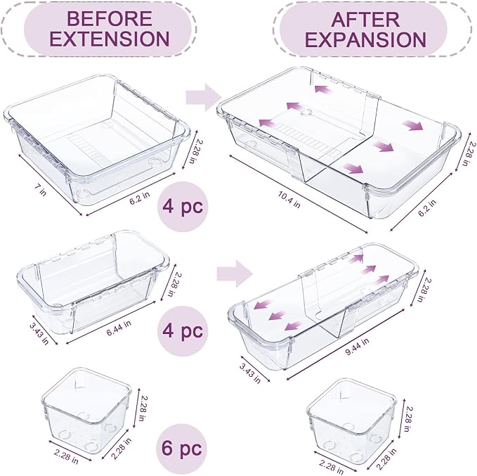 14 Pcs Adjustable Drawer Organizer, Clear Drawer Organizer Expendable | 3-Size Desk Drawer Organizer, Acrylic Storage Bins for Makeup, Cosmetic, Kitchen Utensils, Bedroom Dressers, Tool Organizer - Image 2