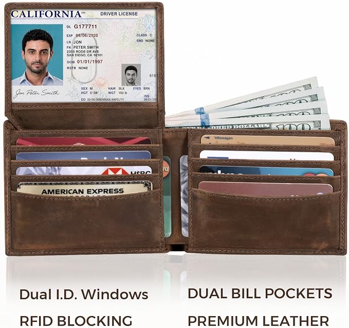 RUNBOX Men's Full Grain Leather Bifold Wallet - Crazy Horse RFID Blocking Slim Wallet with 2 ID Windows, 12 Card Slots & Dual Cash Pockets, Gift for Men - Image 2