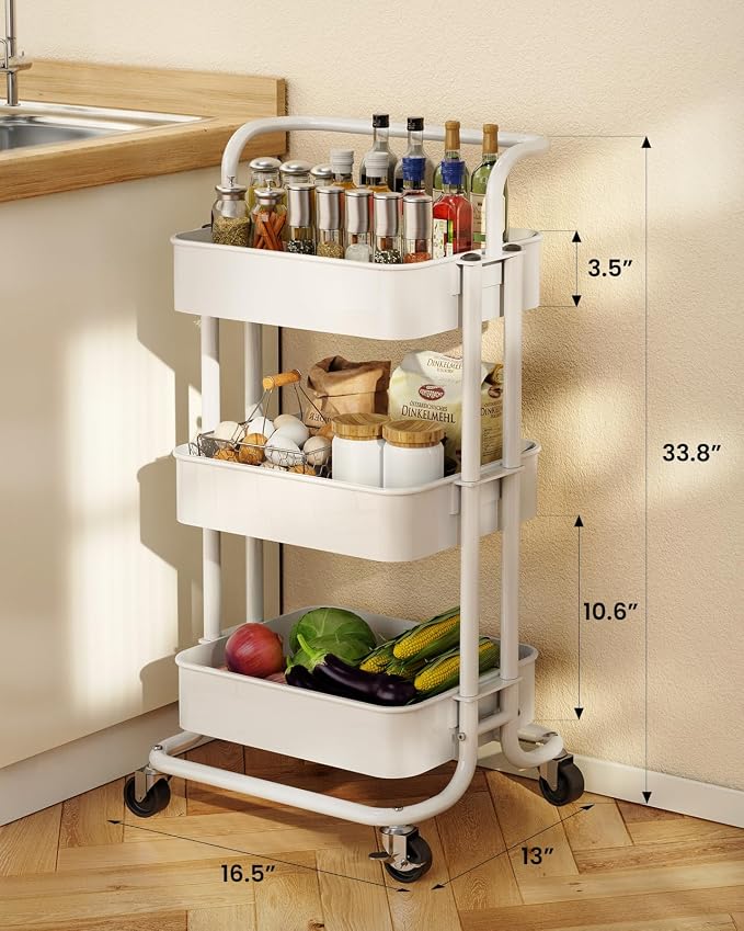 Pipishell 3 Tier Rolling Cart, Metal Utility Cart with Wheels and Handle, Rolling Storage Cart for Nursery Room, Living Room, Painting Room, Office and Kitchen, White - Image 2