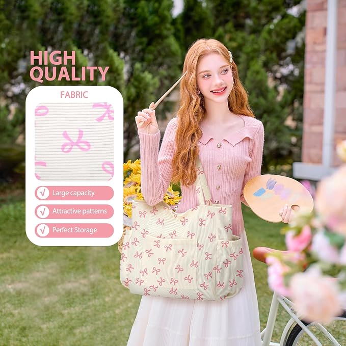 Corduroy Tote Bag for Women,Large Capacity Cute Tote Bags With 6 Pockets,Crossbody Shoulder Handbag for Work Travel Gym - Image 7