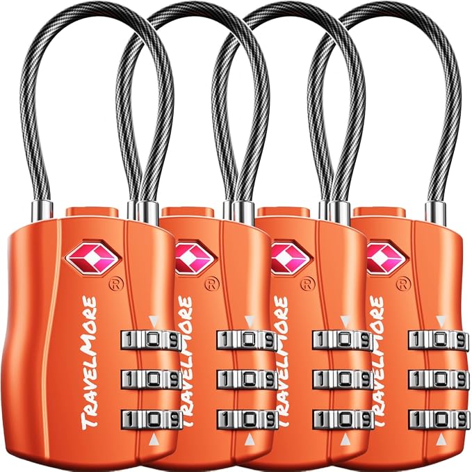 TSA Approved Luggage Locks, Travel Combination Cable Locks | TSA Accepted, Easy to Use, Durable, Flexible Steel Cable, Zinc Alloy Body, for Suitcases, Backpacks, Zippers, 4-Pack, Orange by TravelMore