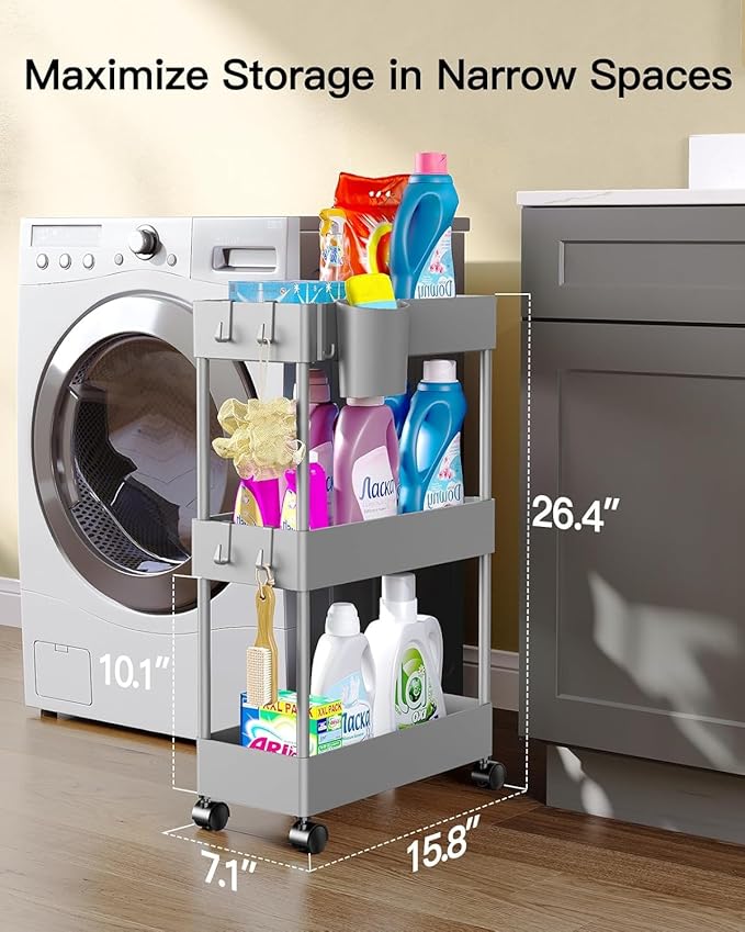 Pipishell 3 Tier Slim Storage Cart with Wheels, Bathroom Storage Cart, Gray | 7.1 inch Wide - Fits Narrow Spaces, Storage Cup and 6 Hooks, Ventilation Holes, Durable ABS Material, Detachable Wheels - Image 2