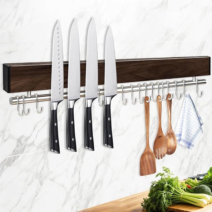 23 Inch Magnetic Knife Holder for Wall - Stainless Steel Magnet Knife Strip No Drill with 15 Hooks/Adhesive Tape/Screws, Wall Mounted Kitchen Utensil Holder, Walnut-Finish Magnetic Knife Organizer by Unknown
