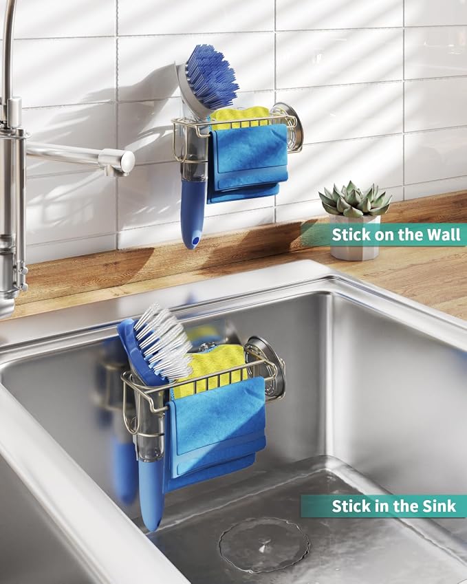 HapiRm Sink Caddy Sponge Holder - No Drill Sponge Holder for Kitchen Sink, Rustproof and Waterproof Kitchen Organizer - Brushed Nickel（8.65 * 3.54 * 2.36 in） - Image 3