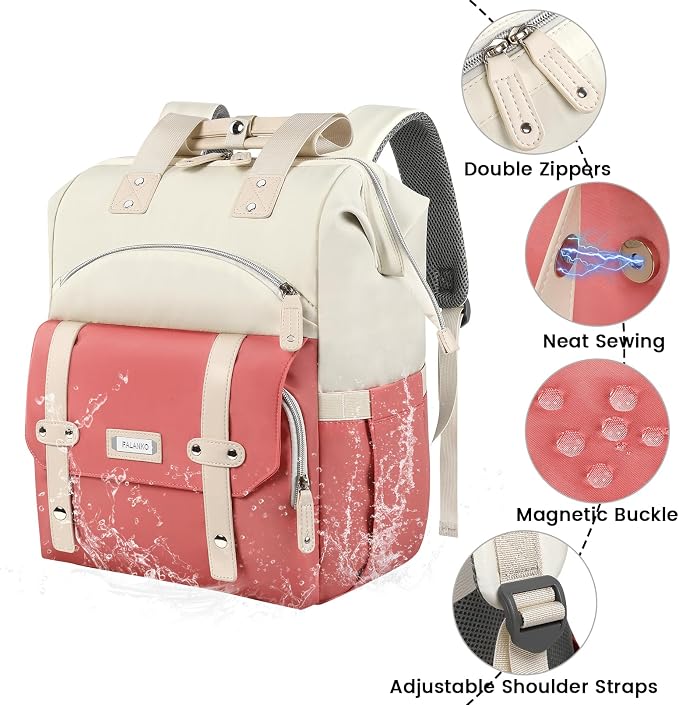 FALANKO Laptop Backpack for Women,Teacher Doctor Nurse Work Purse Bag for 15.6 Inch Laptop, Wide Open backpack With RFID Pocket, Large Water Resistant Travel Backpack White-Pink - Image 4