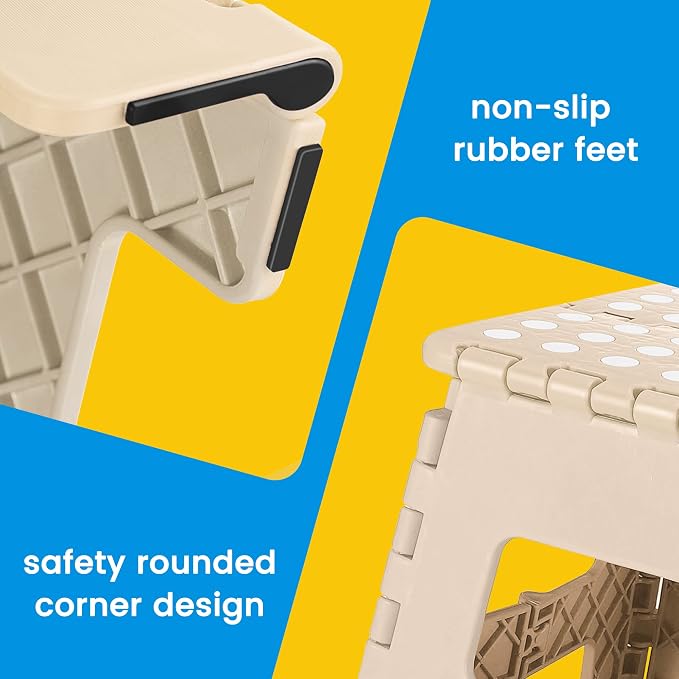 Folding Step Stool 9 Inch, Non-Slip Foldable Stools for Kids, Khaki | Heavy Duty Collapsible Foot Stool, Lightweight, Holds 300lb for Toddler/Adults Kitchen Bathroom Bedroom Outdoor, with Handle - Image 3