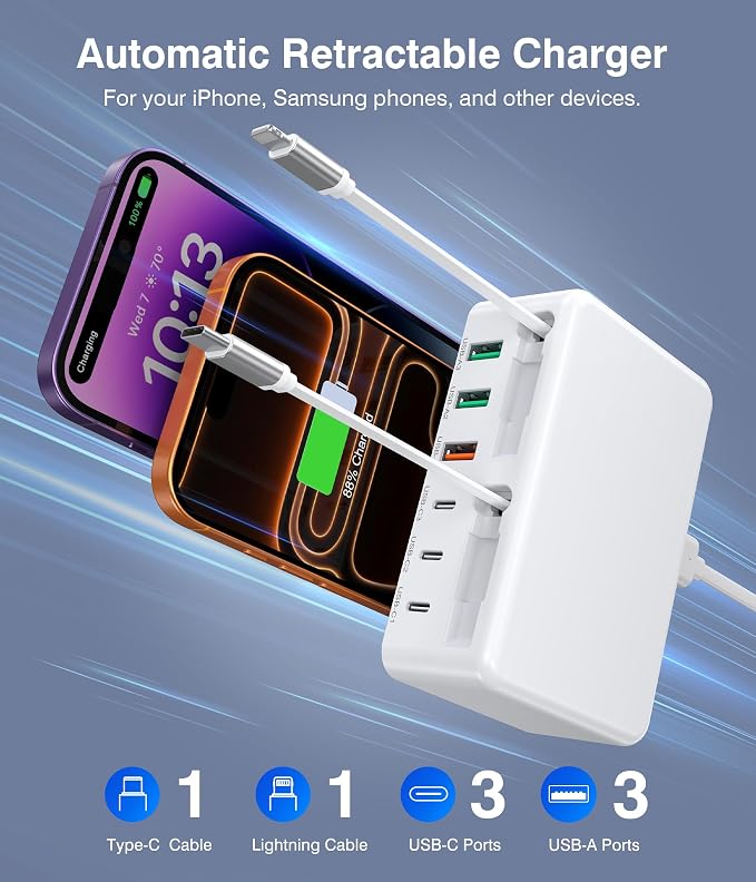 2026 Latest USB C Charger Block, 8 in 1 GaN Retractable Charger Station Hub with Lightening & Type C Cable, 120W Travel Essential Multi USB C Power Strip Plug for iPhone 17 16 15 Pro Max iPad Galaxy - Image 3