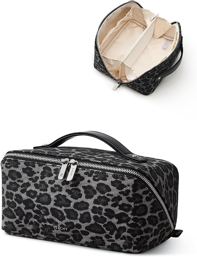 EACHY Travel Makeup Bag for Women, Flat Open Leopard Print Cosmetic Bag | Leopard-print PU leather cosmetic bag opens flat with dividers and clear TPU brush pocket for makeup and travel essentials - Image 6
