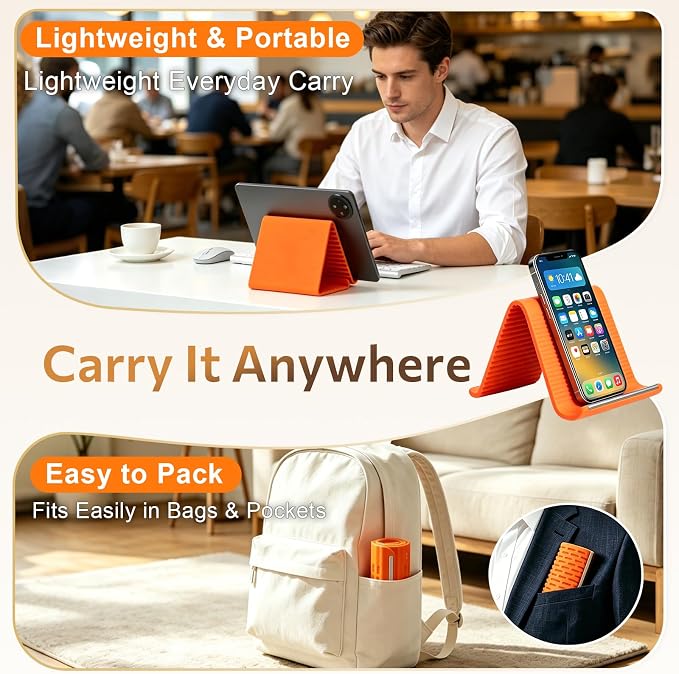 Flexible Silicone Phone Stand with Aluminum Core, Foldable Silicone Phone Holder for Cell Phones, Tablets & Small Devices, Adjustable Desktop & Airplane Phone Holder for Travel, Office & Home (Orange) - Image 6