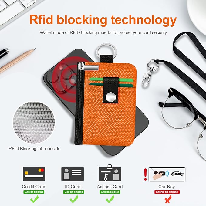 Minimalist RFID Blocking Small Wallet with ID Window,WaterResistant Zip Id Case Wallet with Lanyard Keychain for Cards,Cash,Travel,Women,Men (Orange) - Image 4