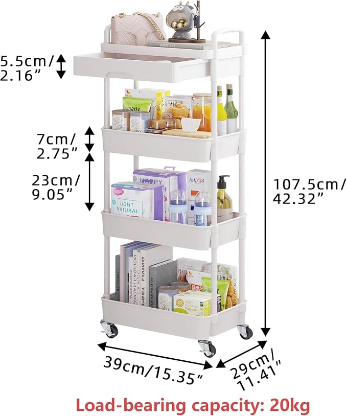 Calmootey 4-Tier Utility Cart with Drawer & Wheels, Storage for Home,Office | Space-Saving Organizer, Sturdy Plastic Shelves, Smooth-Rolling Metal Wheels, Built-in Drawer for Small Items, White - Image 5