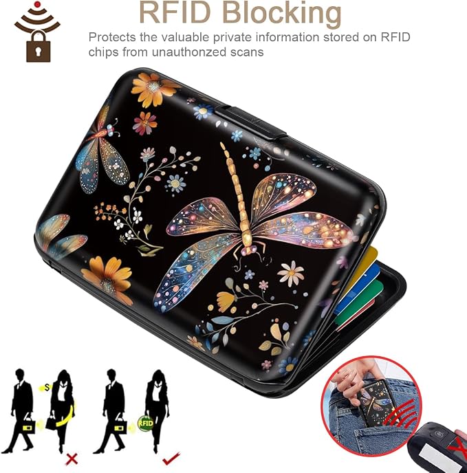 Coco Rossi Credit Card Holder RFID Aluminum Small Mini Wallet Women | Metal Wallet, Business Cards Holder, ID Case, Slim Sleeves, Womens Girls Gift, Carry Proof Wallets for Travel, Dragonfly - Image 4