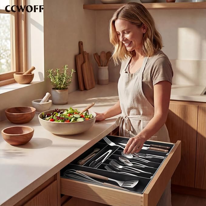 Silverware Drawer Organizer, 9 Slots Expandable Kitchen Drawer Organizer | Extra Large Utensil Holder & Cutlery Tray, Heavy Duty Stainless Steel Frame Flatware Organizer, Non-Slip Feet Included, Black - Image 8