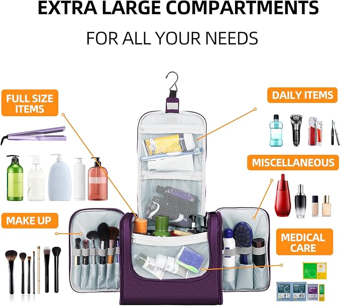 Buruis Extra Large Hanging Toiletry Bag for Women and Men, Purple | Honeycomb Nylon, Detachable Shoulder Strap, Dual Zippers, Metal Hanging Hook, Full-Size Toiletry Storage, Travel Essentials - Image 3