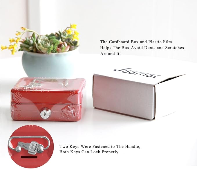 Small Cash Box with Lock and Slot - Jssmst Metal Coin Bank Piggy Bank for Adults and Kids, Red(SMCB0303N) - Image 7