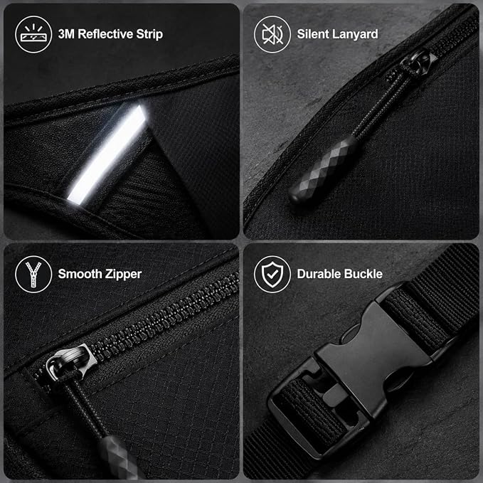 Simptech Running Belt Bag - Lightweight Reflective Waist Fanny Pack for Men Women, Quick-Dry 3-Pocket Running Gear with Phone Holder for Hiking Cycling Travel Essentials (Black) - Image 7