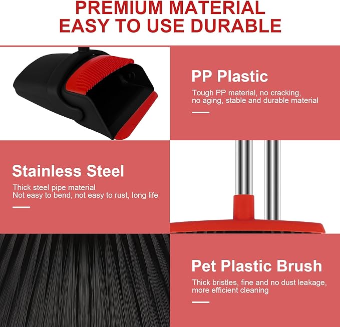 Red Broom and Dustpan Combo Set, 51" Long Handle Broom | Built-in Comb Dustpan for Pet Hair Removal, Foldable Upright Storage Design - Image 4