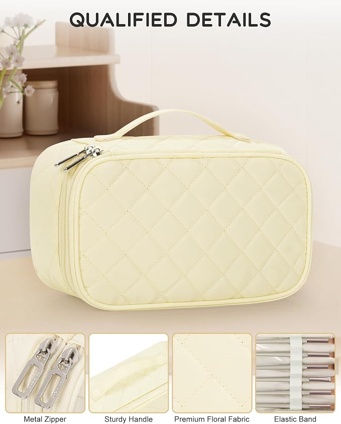 Relavel Travel Makeup Bag, Small Cosmetic Bag with Makeup Brush Compartment | Double Layer Makeup Organizer Bag with Handle, Portable Toiletry Bag Makeup Pouch for Women, White - Image 4
