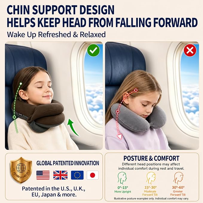 Kids Travel Pillows for Airplane, Memory Foam 360° Head Support Sleeping Essentials for Boys Long Flight, Skin-Friendly Soft Neck Pillow for Traveling in Car Seat, (Small, Brown Grey, 40-90 lbs) - Image 3