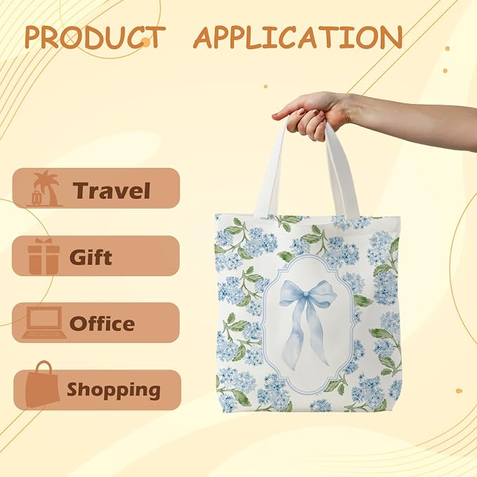 Grandmillennial Blue Floral Tote Bag for Women,Blue Floral Reusable Shopping Grocery Bags - Image 5