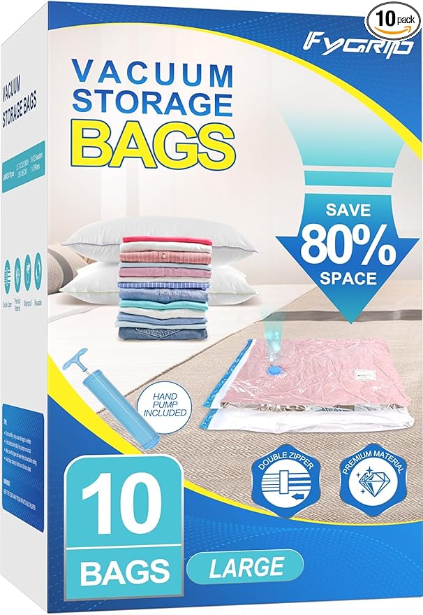 80% Space Saver Vacuum Storage Bags with Hand Pump, 10 Large | Plastic Packaging Bags, Vacuum Seal Bags for Clothing, Travel Lugggage, Blankets, Comforters by Fygrip