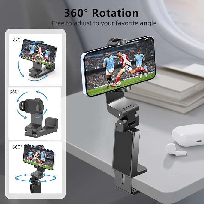 CreaDream 2 Pack Airplane Phone Holder, 360° Rotation Phone Mount for Travel Essentials, Adjustable Handsfree Phone Stand for Flight Desk, Pocket Size Compatible with All 4.7-6.9 inch Phones - Image 4