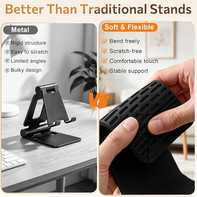 Flexible Silicone Phone Stand with Aluminum Core, Foldable Silicone Phone Holder for Cell Phones, Tablets & Small Devices, Adjustable Desktop & Airplane Phone Holder for Travel, Office & Home (Black) - Image 4