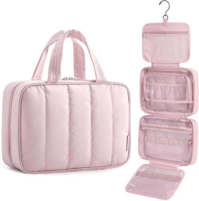 BAGSMART Travel Toiletry Bag for women, Portable Hanging Hook Makeup Bag Organizer, Waterproof Makeup Cosmetic Bag, for Full-Size Accessories, Toiletries, Pink by BAGSMART