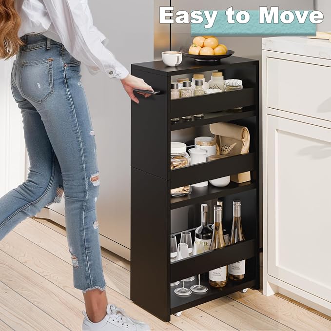 MARTY Slim Rolling Storage Cart, Wood Utility Kitchen Bathroom Laundry Cart | 4 Tier Kitchen Cart with Wheels Handle, Laundry Room Organization Between Washer and Dryer, Narrow Storage Cabinet, 8” Wide - Image 2