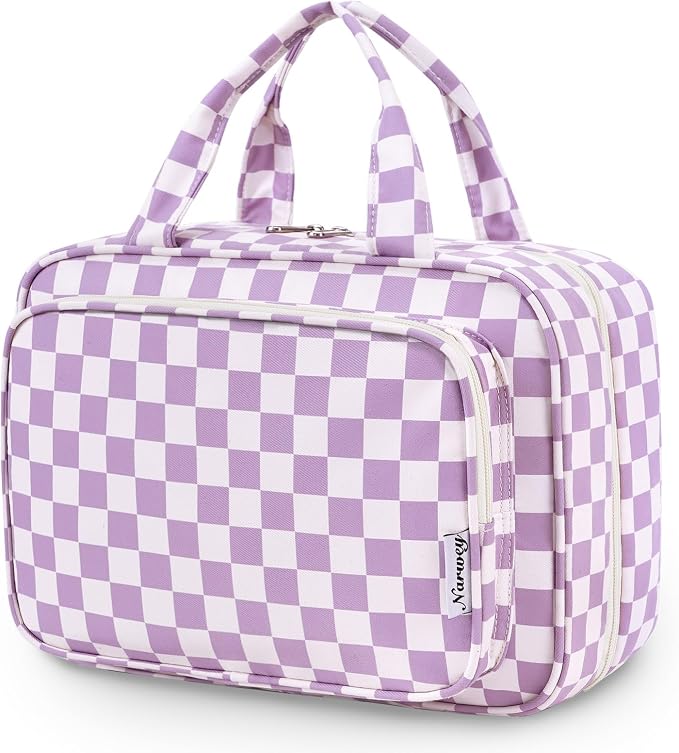 Narwey Travel Toiletry Bag for Women Large Hanging Makeup Bag Organizer Toiletries Bag for Full Size Essentials Accessories Cosmetics (Purple Checkerboard (Large)) by Narwey