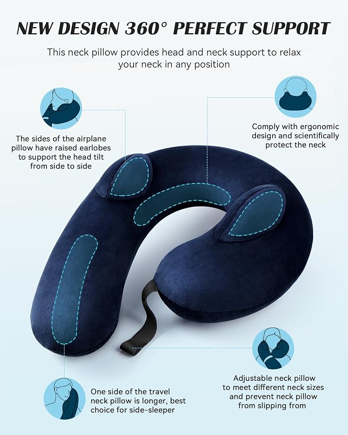 Patented Design Inflatable Travel Neck Pillow – Airplane Neck Pillow with 360° Head & Neck Support, Soft Washable Velvet Cover, Compact Neck Support Pillow for Airplane,Train,Car,Office & Home (Blue) - Image 3