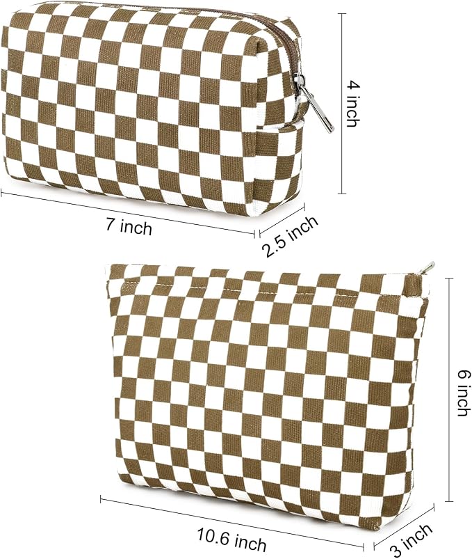 SOIDRAM 2 Pcs Checkered Makeup Bag Large Cosmetic Bag Toiletry Bag Makeup Pouch Travel Bag Organizer Cute Makeup Brushes Aesthetic Accessories Storage Bag for Women Coffee Brown - Image 3