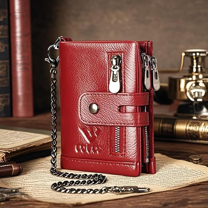 Anti-Theft Mens Wallet with Chain Genuine Leather ID Window Purse with RFID Blocking Bifold Double Zipper Coin Pocket with Gift Box - Image 7
