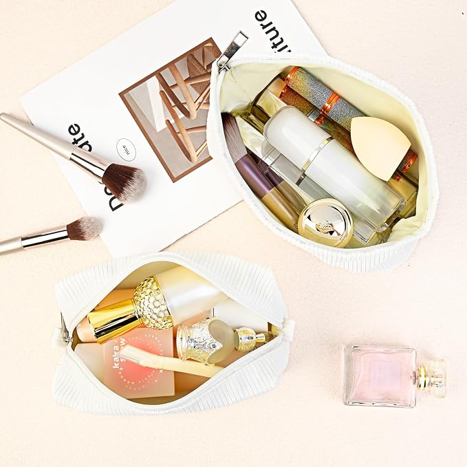 SOIDRAM 2 Pcs Corduroy Makeup Bag Large Cosmetic Bag Toiletry Bag Makeup Pouch Travel Bag Organizer Cute Makeup Brushes Aesthetic Accessories Storage Bag for Women White - Image 4