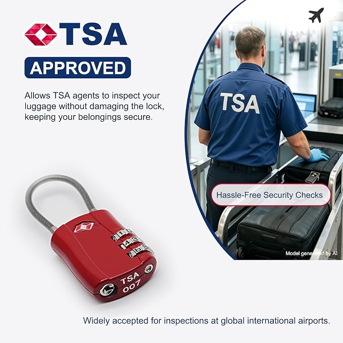 TSA Locks for Luggage, Small Padlock Combination with Cable, Luggage Locks TSA Approved, Combo Padlock with Code, for Travel Suitcase, Gym Locker, Gun Case, Backpack Zipper (Black+Red) - Image 3