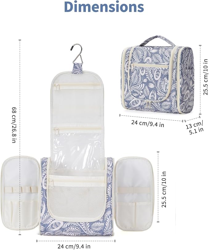 Narwey Hanging Toiletry Bag for Women Travel Makeup Bag Organizer Toiletries Bag Men for Cosmetics Essentials Accessories(Large, Blue Leaf) - Image 5