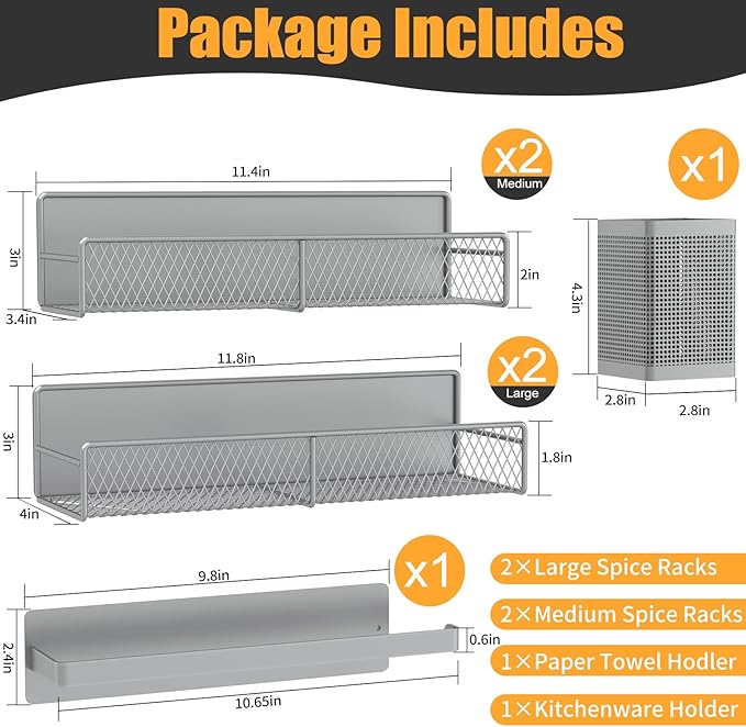 Magnetic Spice Rack for Refrigerator, 6 Pack Metal Magnetic Shelf Grey, Moveable Spice Organizer, Strong Magnetic Storage Fridge Organizer with Paper Towel Holder, Utensils Holder - Image 2